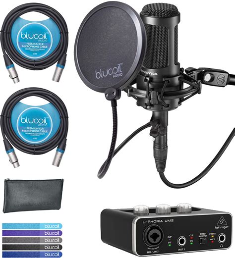 Audio Technica AT2050 Multi-Pattern Condenser Microphone Bundle with Behringer U-PHORIA UM2 USB Audio Interface for Windows & Mac, Blucoil 2X 10' Balanced XLR Cables, Pop Filter, and 5X Cable Ties