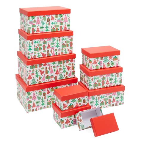 Hottest Christmas Nested Gift Boxes Red Round Pail Box with Silver Metallic and Red Foil Hot Stamp, Lids & Rope Handles for Xmas Gifts, Party Favors and Holiday Decor (Set of 6)