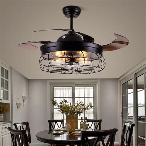 Deluxe lamp 42'' Ceiling Fans Invisible Retractable Blades Farmhouse Industrial Pendant Lamp Chandelier Remote Control 5 Edison Bulbs (Black Finish) (YouTube Video Demo)