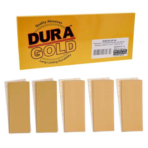 Dura-Gold Premium Sandpaper 1/3 Sheet Variety Pack Box - 80, 120, 150, 220 & 320 Grit (4 Sheets Each, 20 Total) - Wood Workers Gold, 3-2/3" x 9" Size, Hook & Loop Backing - Sand with Jitterbug Sander