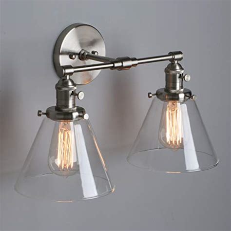 Phansthy Double Sconce Light Industrial Wall Light with Dual 7.3 Inch Cone Clear Glass Lampshade(Brushed)