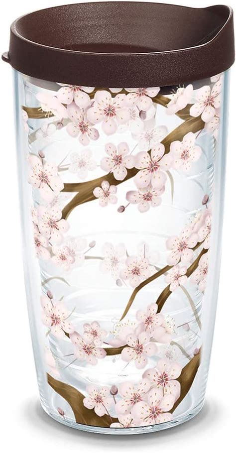 Tervis 1041201 Cherry Blossom Tumbler with Wrap and Brown Lid 16oz, Clear