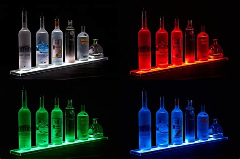 Wall Mount LED Liquor Shelf and Bottle Display (2 ft length) - Programmable Shelving Includes Wireless Remote, Brackets, and Power Supply - COMFORTABLY HOLDS 4-6 BOTTLES